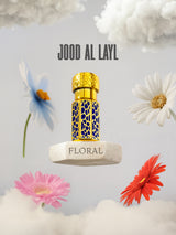 JOOD AL LAYL floral perfume bottle with gold cap and blue patterned glass