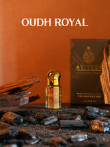 OUDH ROYAL fragrance oil bottle with gold cap and ornate amber glass