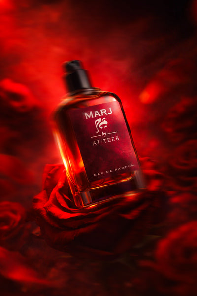 Perfume bottle with MARJ label, amber glass, black cap