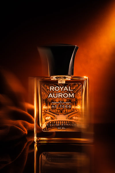 ROYAL AUROM eau de parfum bottle, amber glass with black cap, 50 ml
