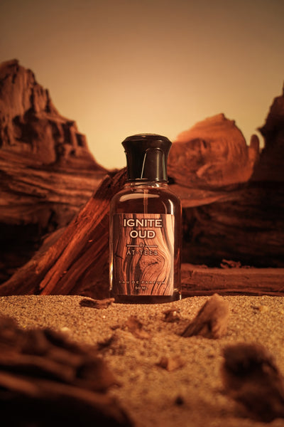IGNITE OUD perfume bottle with black cap, amber glass, front label visible.