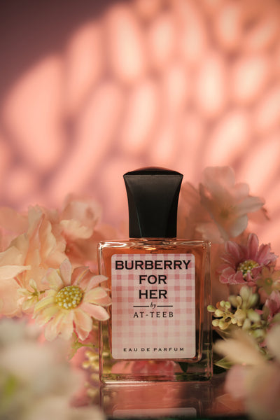BURBURY FOR HER eau de parfum bottle with black cap, front label visible