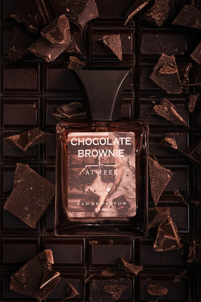 Chocolate brownie eau de parfum bottle with front label and dark glass