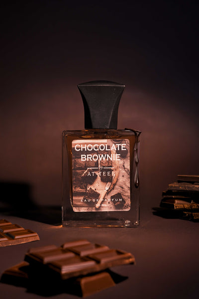Chocolate brownie eau de parfum bottle with dark cap and front label