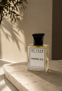 Hawas Ice Eau de Parfum bottle with clear glass and black cap, AT-TEEB label