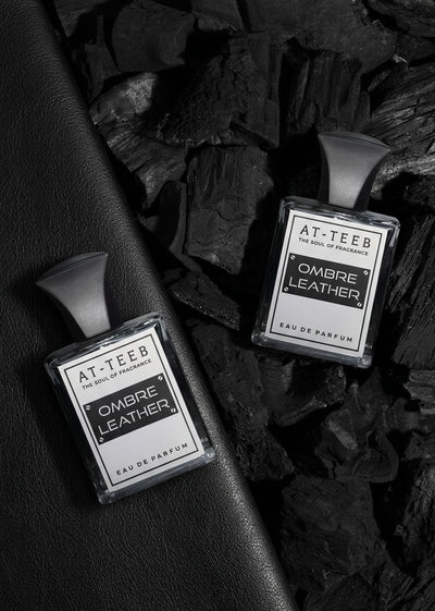 Ombra Leather Eau de Parfum bottle with square glass and silver cap, black label
