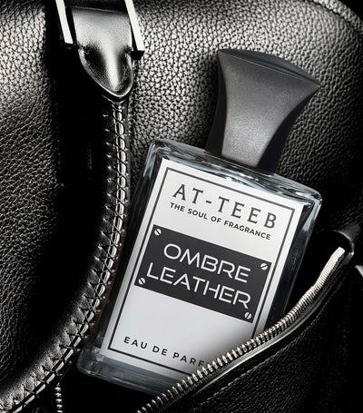 Ombra Leather Eau de Parfum bottle close-up with AT-TEEB label and silver cap