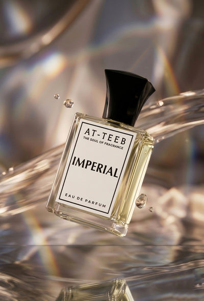 Imperial eau de parfum spray bottle with black cap, glass